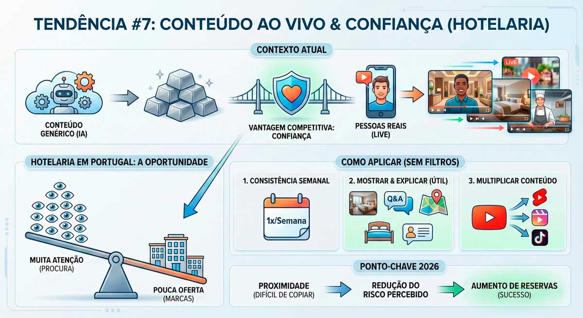 Tendências de Marketing Digital para Hotelaria em Portugal (2026) 7 Conteudo ao vivo vai ser uma vantagem competitiva porque gera confianca