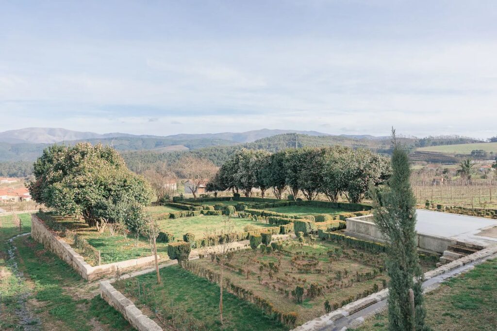 Jardim de buxo e vinha com a serra ao fundo