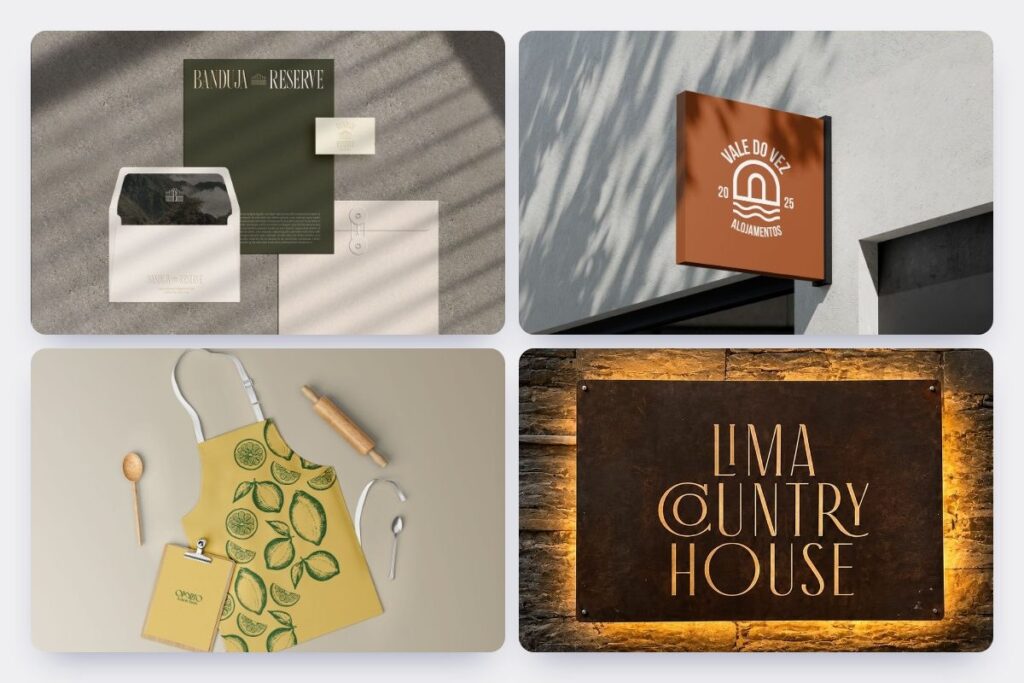 Identidade de marca de quatro alojamentos: papelaria do Banduja Reserve, placa do Vale do Vez, avental da Oporto Lemon Farm e placa do Lima Country House