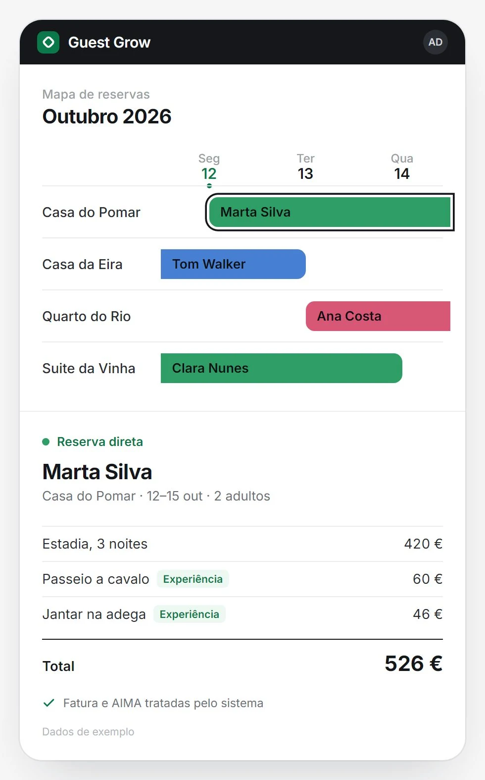 Mapa de reservas do sistema da Guest Grow e uma reserva direta com a estadia, um passeio a cavalo e um jantar na adega na mesma conta (dados de exemplo)