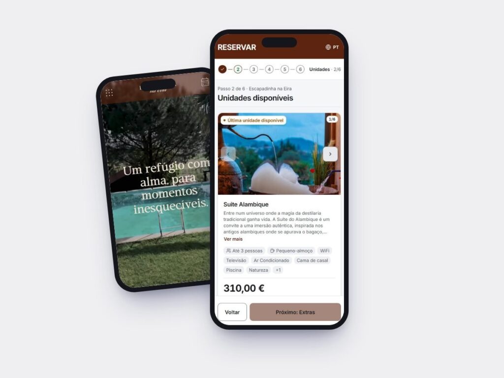 Website da Escapadinha na Eira e o motor de reservas no telemóvel