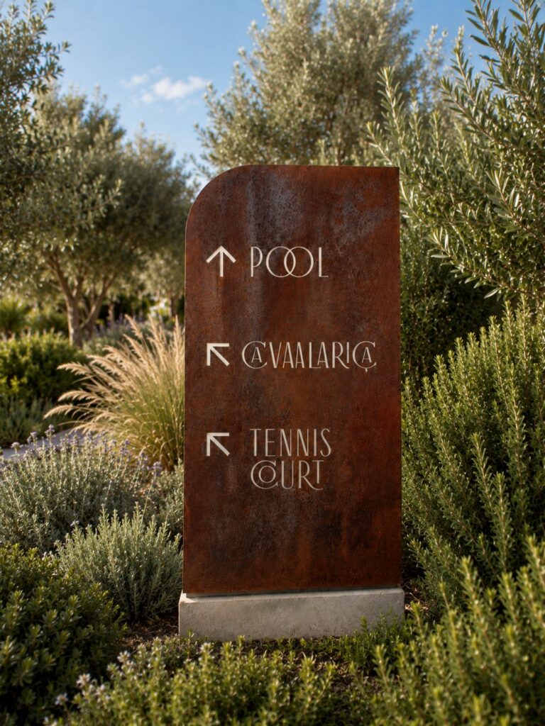 Totem de sinalética com setas para a piscina, a Cavalariça e o campo de ténis