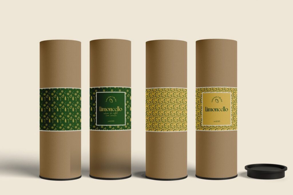 Embalagens do limoncello com os rótulos da marca