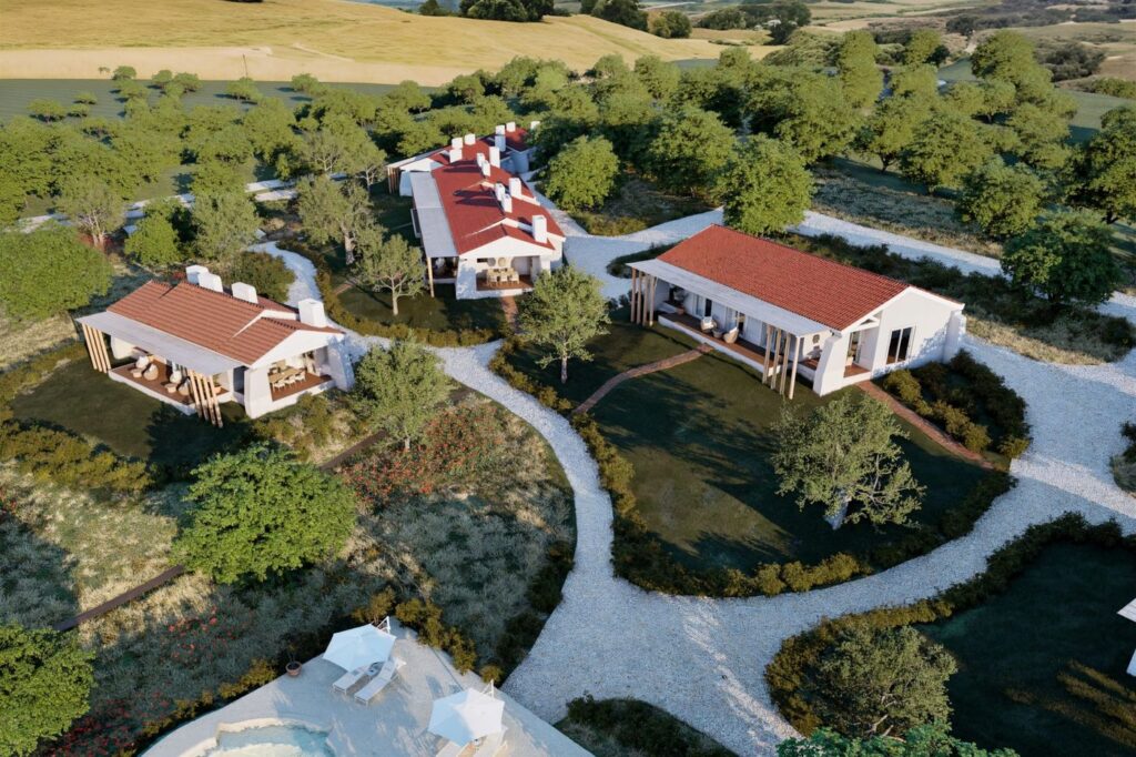 Imagem 3D vista de cima das casas, dos caminhos e da piscina