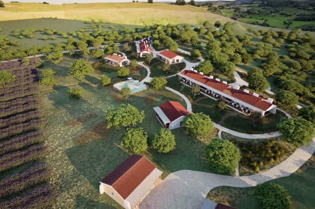 Imagem 3D vista de cima de todo o monte, com a lavanda à esquerda