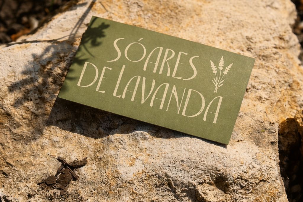 Cartão de visita verde do SóAres de Lavanda pousado numa pedra